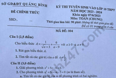 Đáp án, đề thi môn Toán vào lớp 10 tỉnh Quảng Bình năm 2023