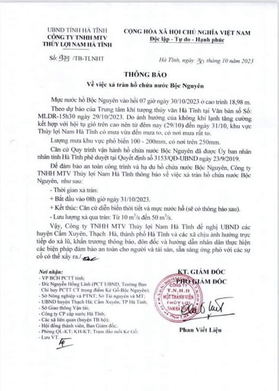 Công ty TNHH MTV Thủy Lợi Nam Hà Tĩnh thông báo xả tràn hồ chứa nước
