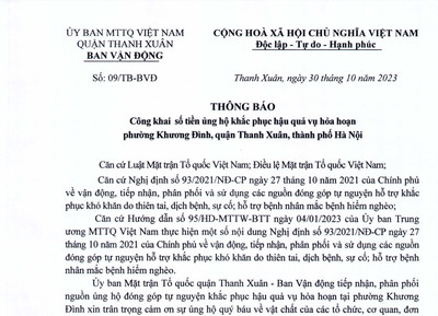 Ủy ban MTTQ Việt Nam quận Thanh Xuân công khai 132 tỷ đồng tiền ủng hộ nạn nhân vụ hoả hoạn
