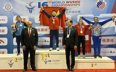 Võ sĩ Nguyễn Thị Thu Thủy (Tân Yên) giành Huy chương Vàng tại Giải Vô địch Wushu thế giới
