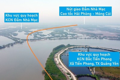 Toàn cảnh vị trí dự kiến quy hoạch cầu vượt sông Rút kết nối nút giao Đầm Nhà Mạc ở TX Quảng Yên