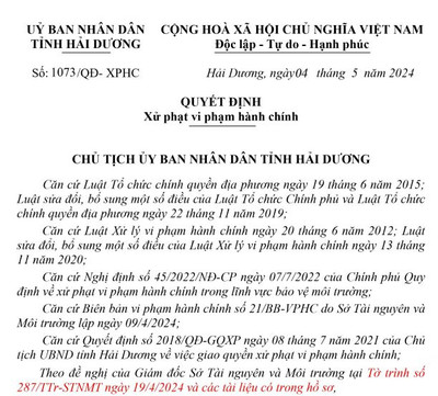 Hải Dương: Xả thải vượt quy chuẩn, Cty CP Paishing Việt Nam bị phạt 294 triệu đồng.