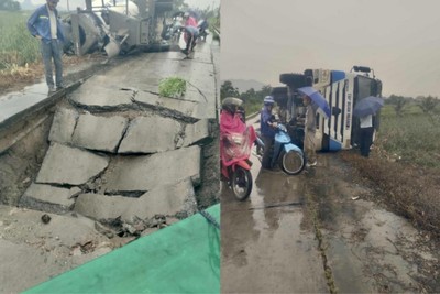 Đông Triều (Quảng Ninh): Xe bồn chở bê tông quá tải phá vỡ đường liên thôn