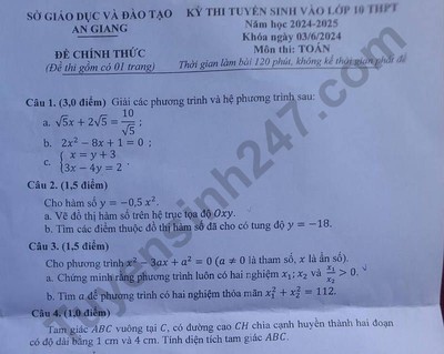 Đáp án đề thi môn Toán vào lớp 10 tỉnh An Giang năm 2024