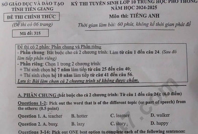 Đáp án đề thi vào lớp 10 môn Anh tỉnh Tiền Giang năm 2024