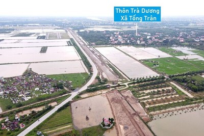 Toàn cảnh tuyến nhánh kết nối đường Tân Phúc - Võng Phan với cầu La Tiến đang xây dựng ở Hưng Yên