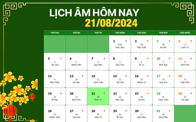 Lịch âm 21/8, xem âm lịch hôm nay Thứ 4 ngày 21/8/2024 đầy đủ nhất