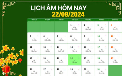 Lịch âm 22/8, xem âm lịch hôm nay Thứ 5 ngày 22/8/2024 đầy đủ nhất