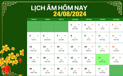 Lịch âm 24/8, xem âm lịch hôm nay Thứ 7 ngày 24/8/2024 đầy đủ nhất