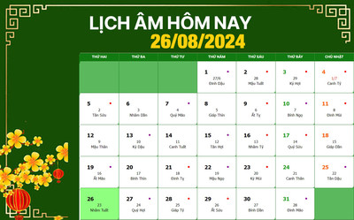 Lịch âm 26/8, xem âm lịch hôm nay Thứ 2 ngày 26/8/2024 đầy đủ nhất