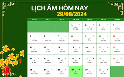 Lịch âm 29/8, xem âm lịch hôm nay Thứ 5 ngày 29/8/2024 đầy đủ nhất