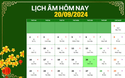 Lịch âm 20/9, xem âm lịch hôm nay Thứ 6 ngày 20/9/2024 đầy đủ nhất